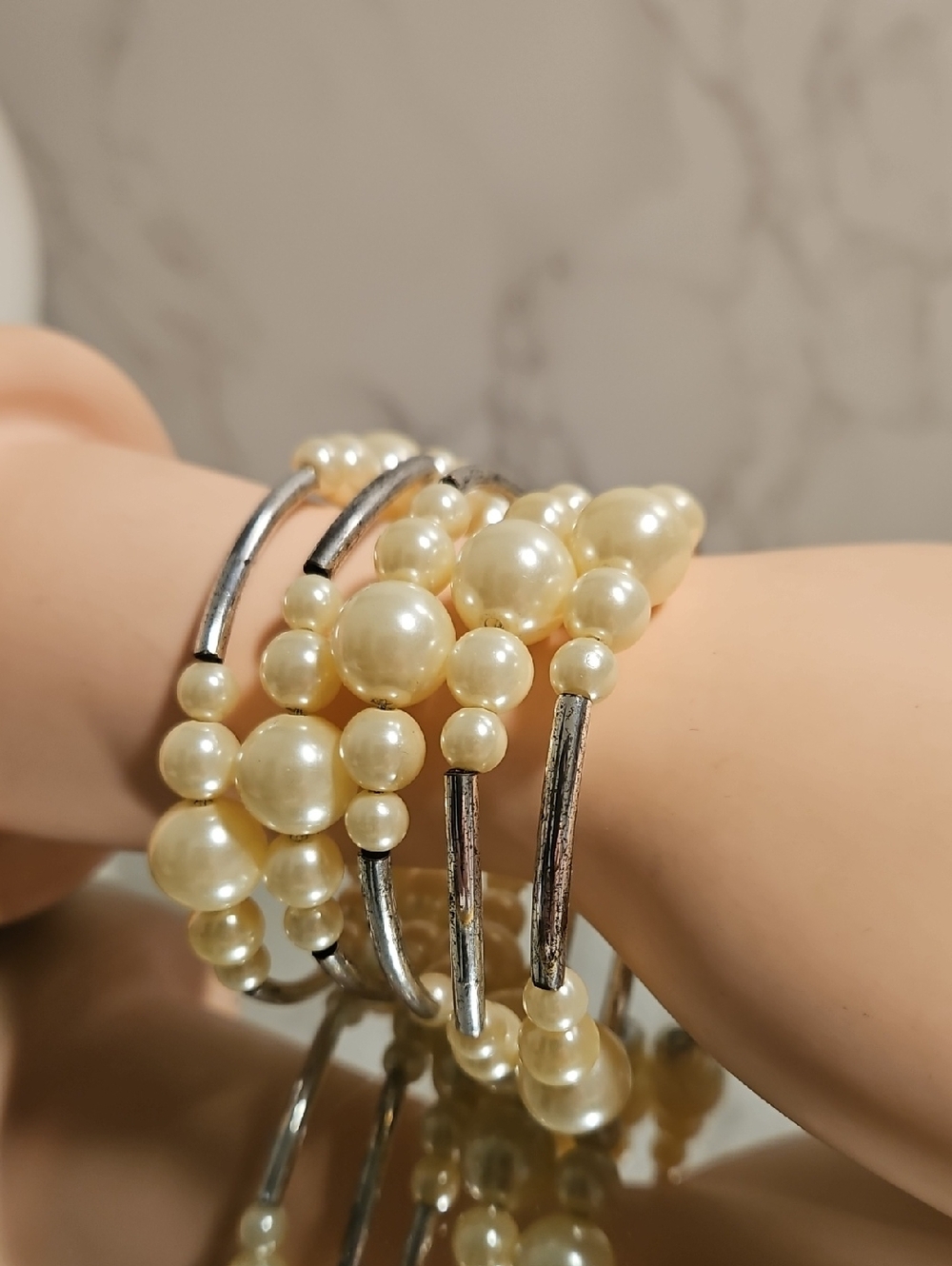 Pearl-Style Multi-Strand Wire Wrap Bracelet with Silver Accents Vintage